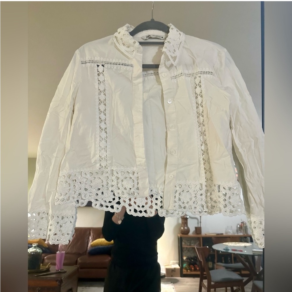 Zara embroidered eyelet white long sleeve blouse - Picture 5 of 11